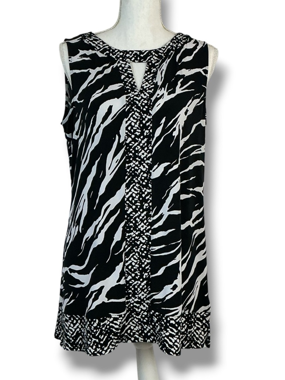 Zebra Animal Print Top Sleeveless Kehole Tunic Tank Blouse Black White Large - Picture 3 of 16